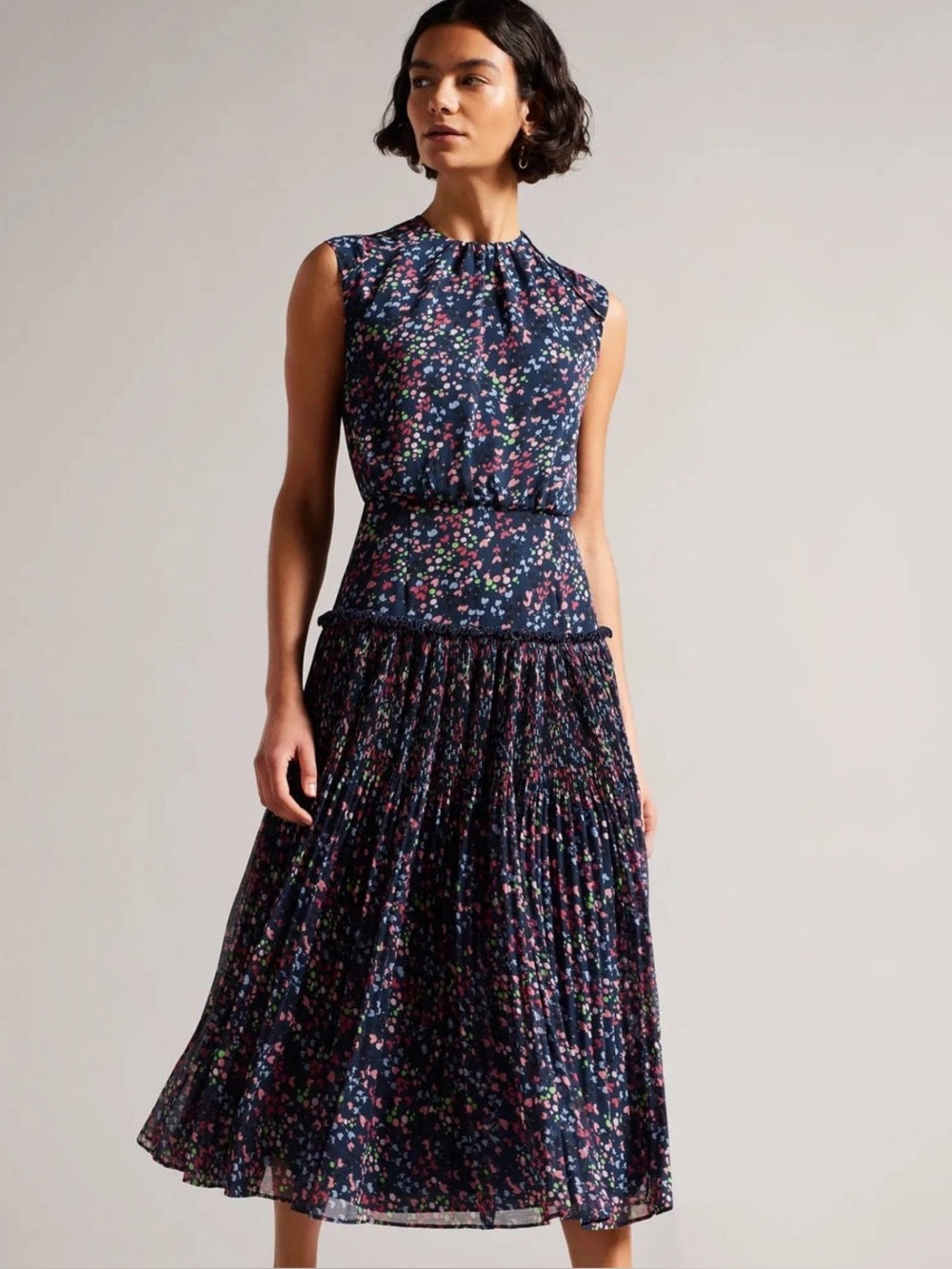 Ted Baker London Women’s Confetti Heart Pleated Midi Dress Sz 2 Sheer Drop Waist